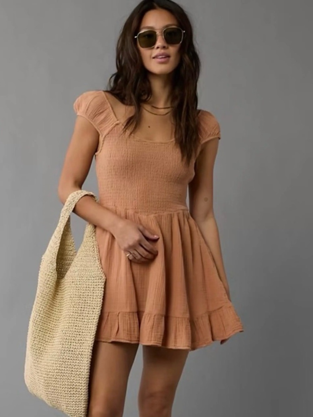 American Eagle Pastel Peach Puff mini dress, Short-Sleeve, Smocked, Large